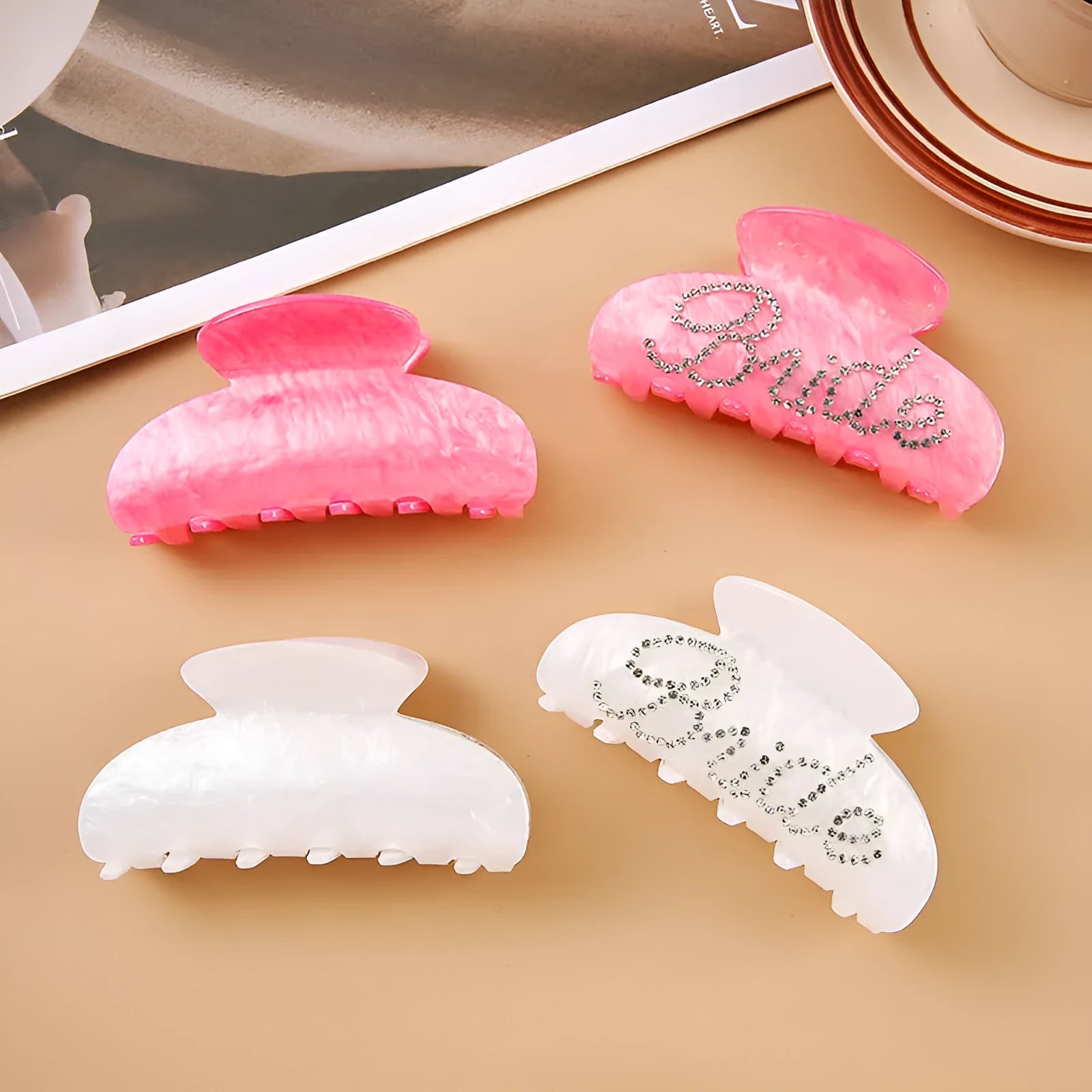 Pink and white 10cm acrylic shark hair clip with diamond spot drill decoration on both sides