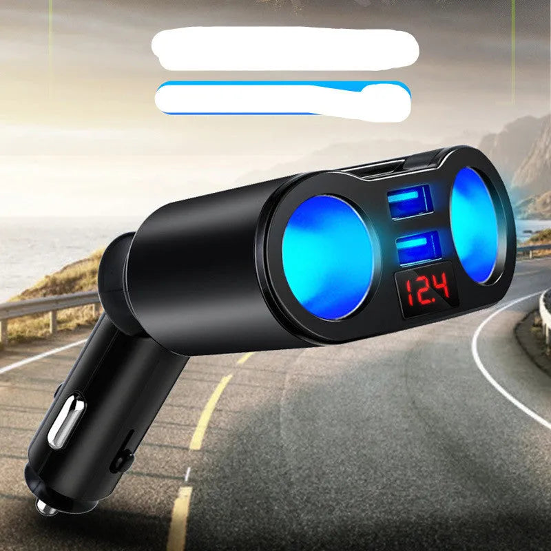Car Bluetooth FM transmitter with charging port plugged into vehicle cigarette lighter socket