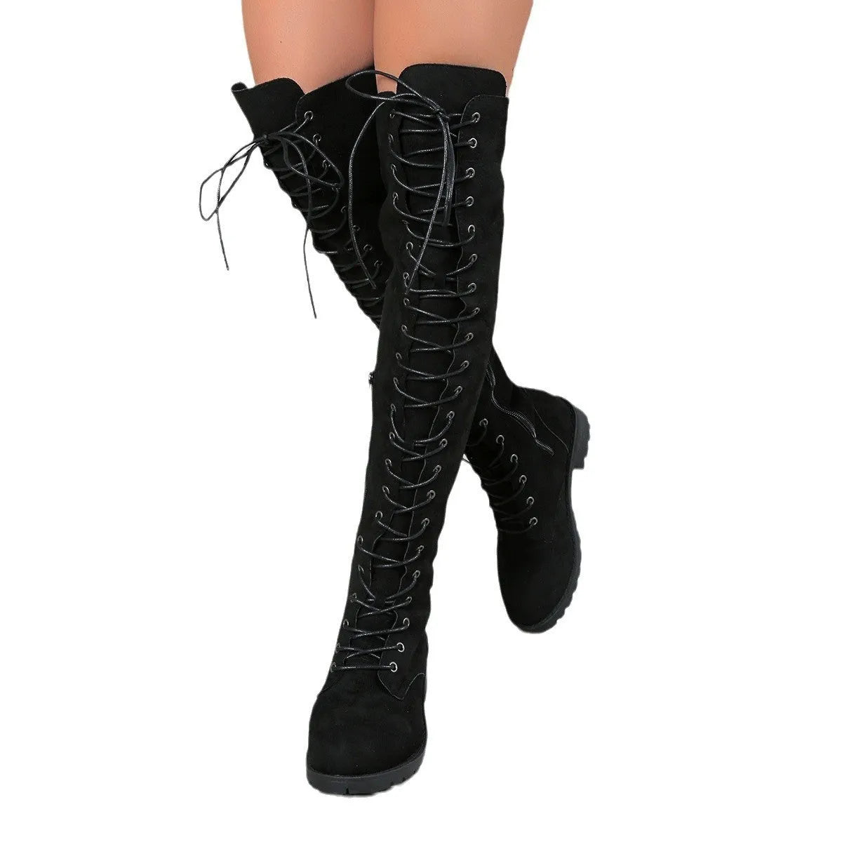 Flat heel round toe lace-up over the knee boots in black, shown with keep warm function and stitching detail.