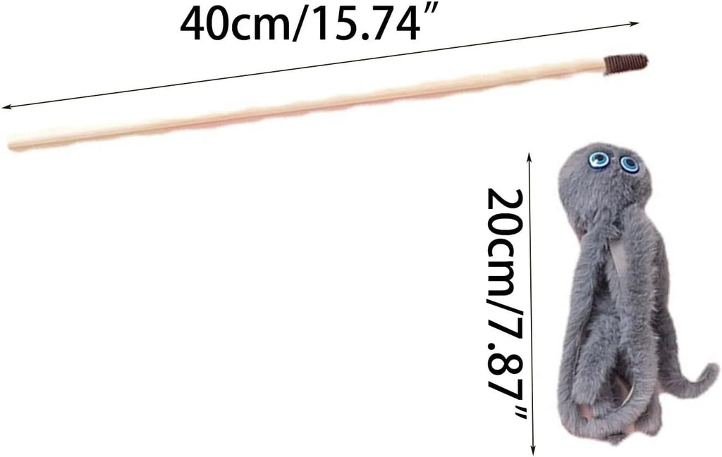 Grey furry octopus cat toy with eyes on a long stick for interactive indoor play with kittens.