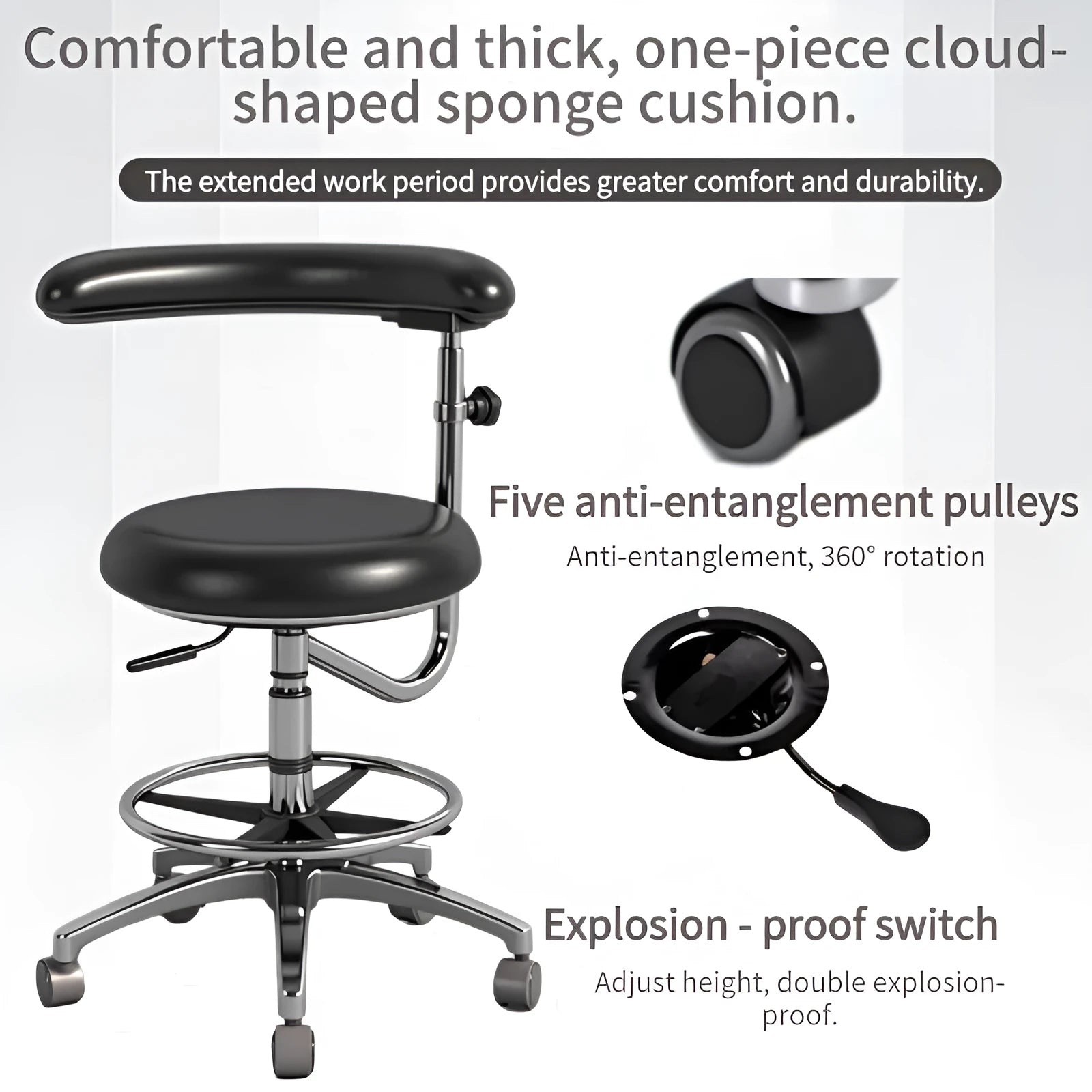 Black leather dental treatment chair with hydraulic lift mechanism for dental surgeries