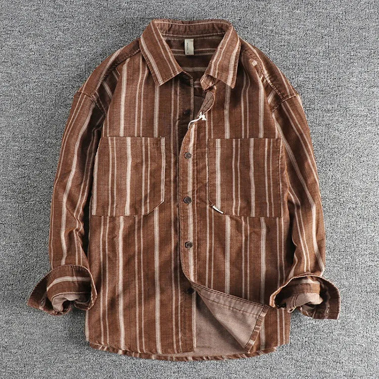 Men's vintage striped casual shirt in loose Japanese retro style with long sleeves
