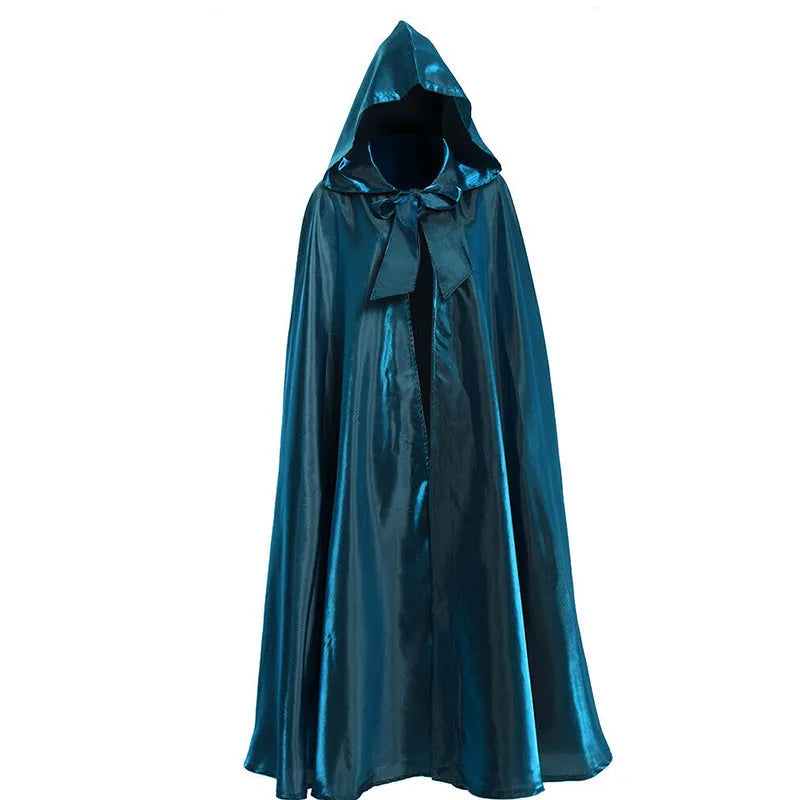 Halloween costume medieval cloak wizarding robe in polyester available in black brown green orange purple red sizes S to 2XL