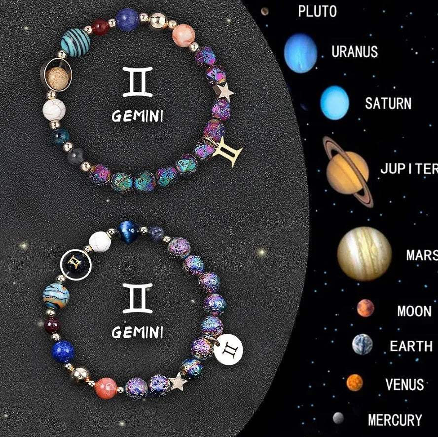 Pair of natural stone beaded bracelets with zodiac charms on an adjustable cord.