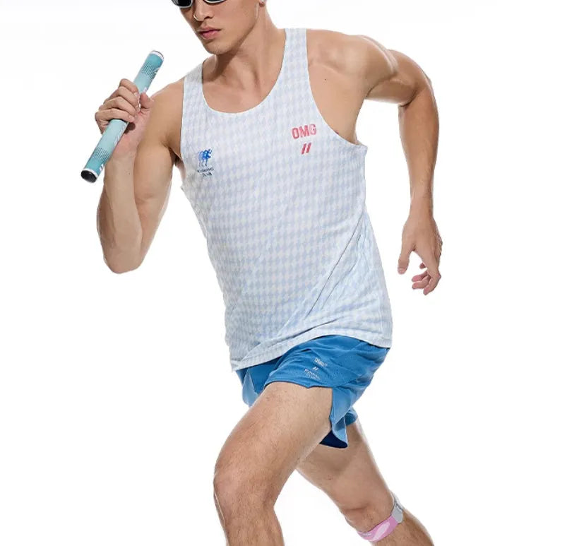 Black and blue four-point running shorts with laser punching stitching details on a mannequin.