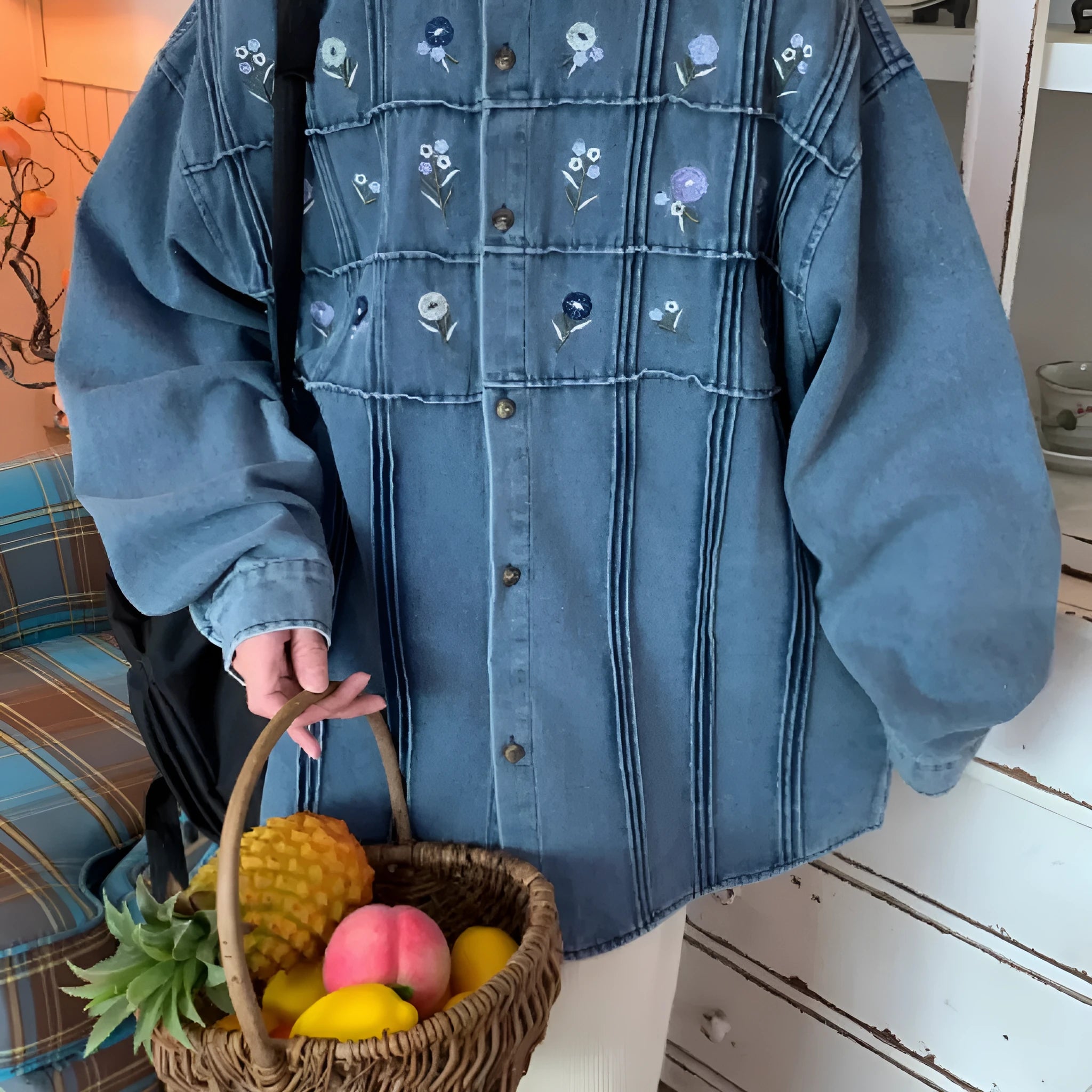 Vintage washed blue denim long sleeve shirt with small floral pleated design