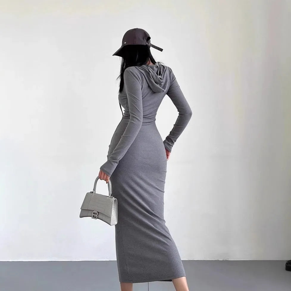Women's hooded long sleeve sheath dress in polyester fabric with over-the-knee length