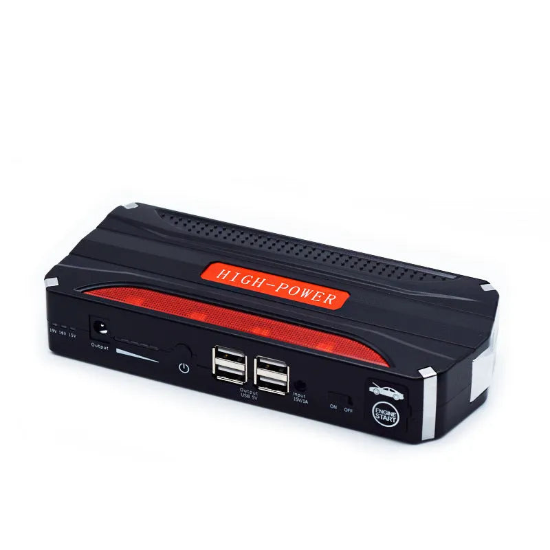Black and red 12V vehicle emergency starting power supply measuring 178x80x30mm with 7800mAh capacity