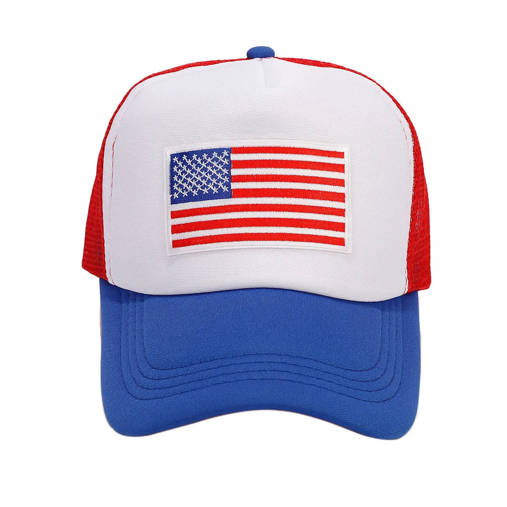 Red and blue Space Cotton mesh baseball cap with adjustable sizing and dome crown