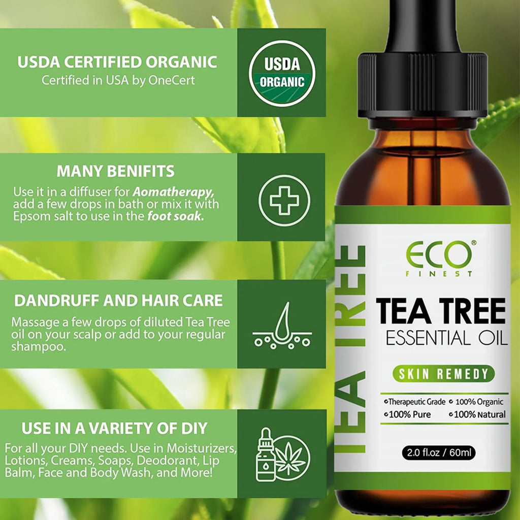 60ml bottle of pure tea tree essential oil for acne treatment and skin care