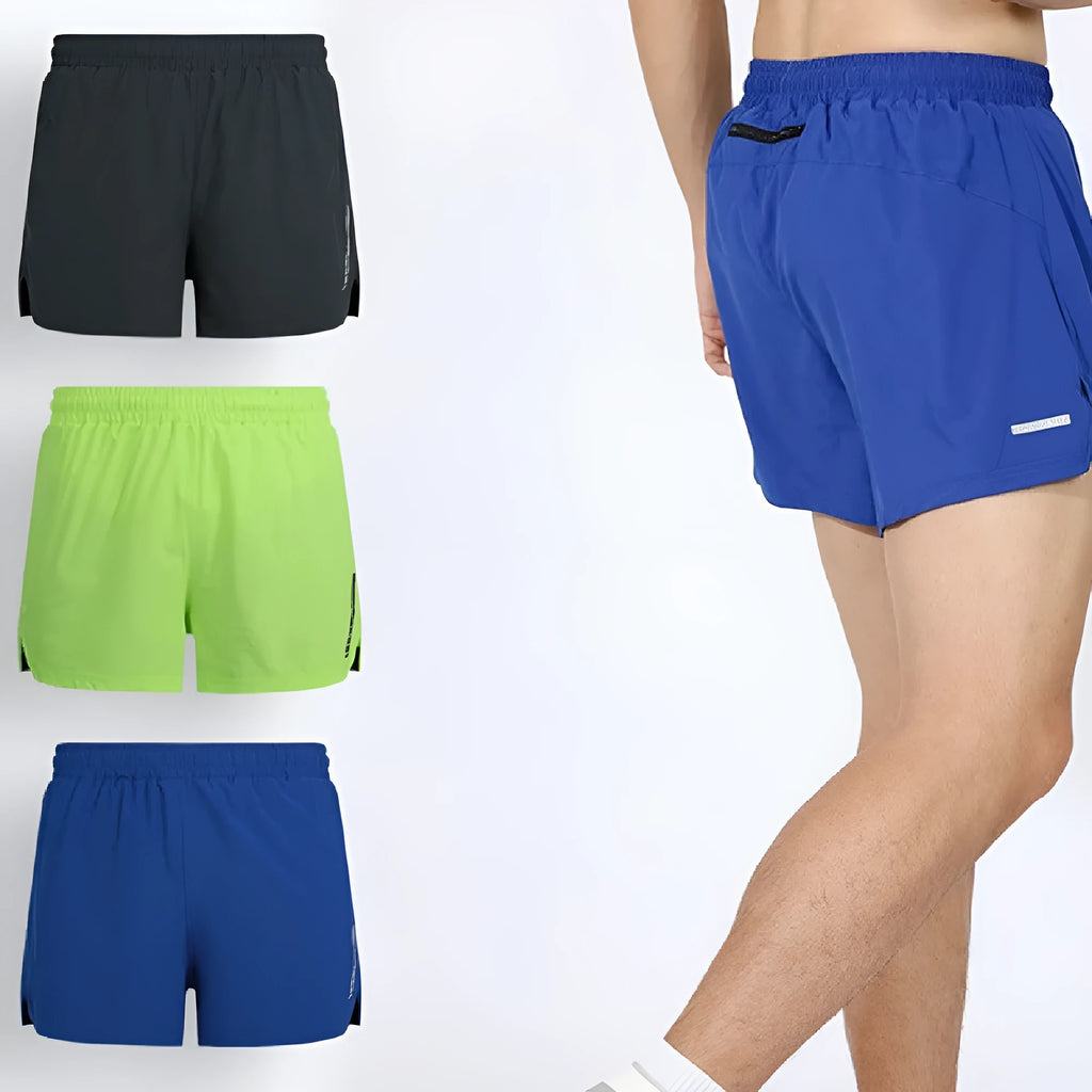 Men's straight-leg quick-drying running shorts in grey, shown flat.