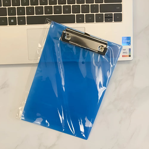 Transparent A4 clipboard with metal clip holding white paper, available in blue, green, red, and white.