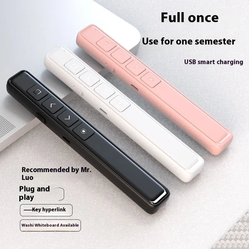 A whiteboard and presentation remote control pen in black, with a USB charging cable.