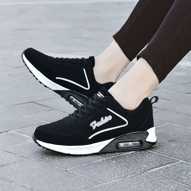 Women's spring leather plus size air cushion sports shoes in Wo 1909 black and white, low top lace up style