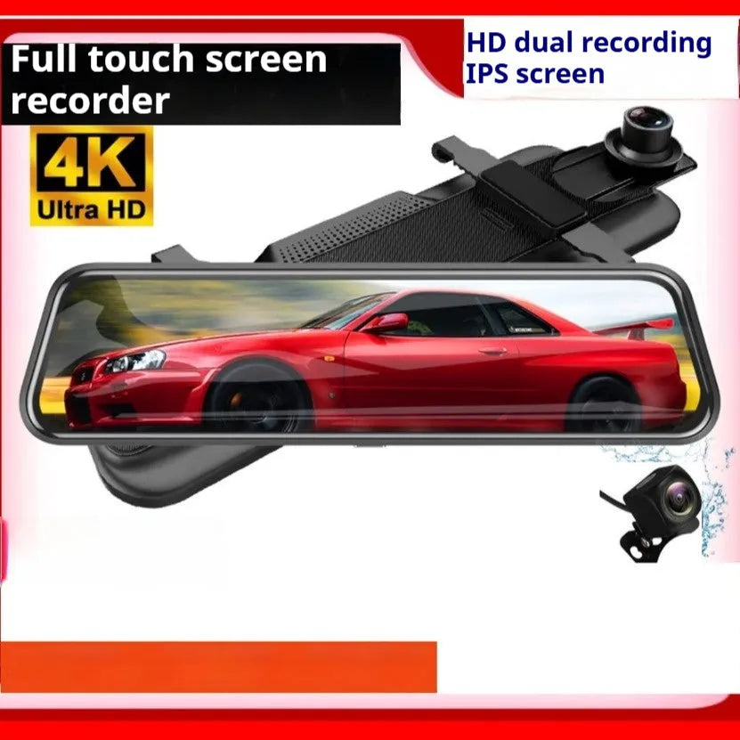 HD 1080p dual lens rearview mirror recorder with 9.66-inch touch screen showing front and rear video