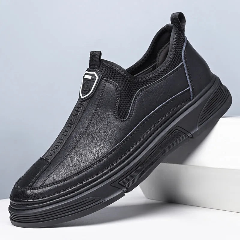 Men's black and brown leather casual shoes with round toe design displayed side by side