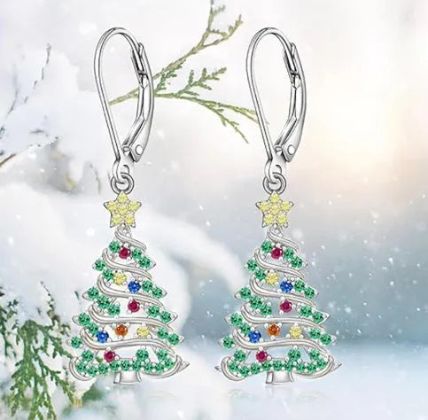 Christmas tree earrings with star pendant in E4318 white gold colour for women