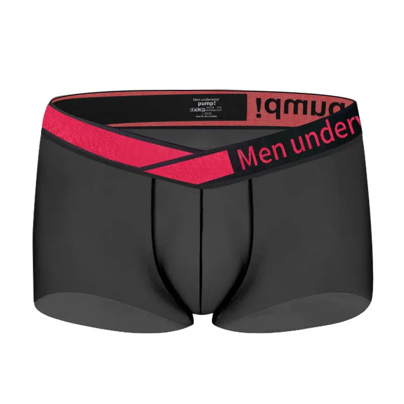 Men's low waist seamless underwear in black with a red gradient laser design pattern