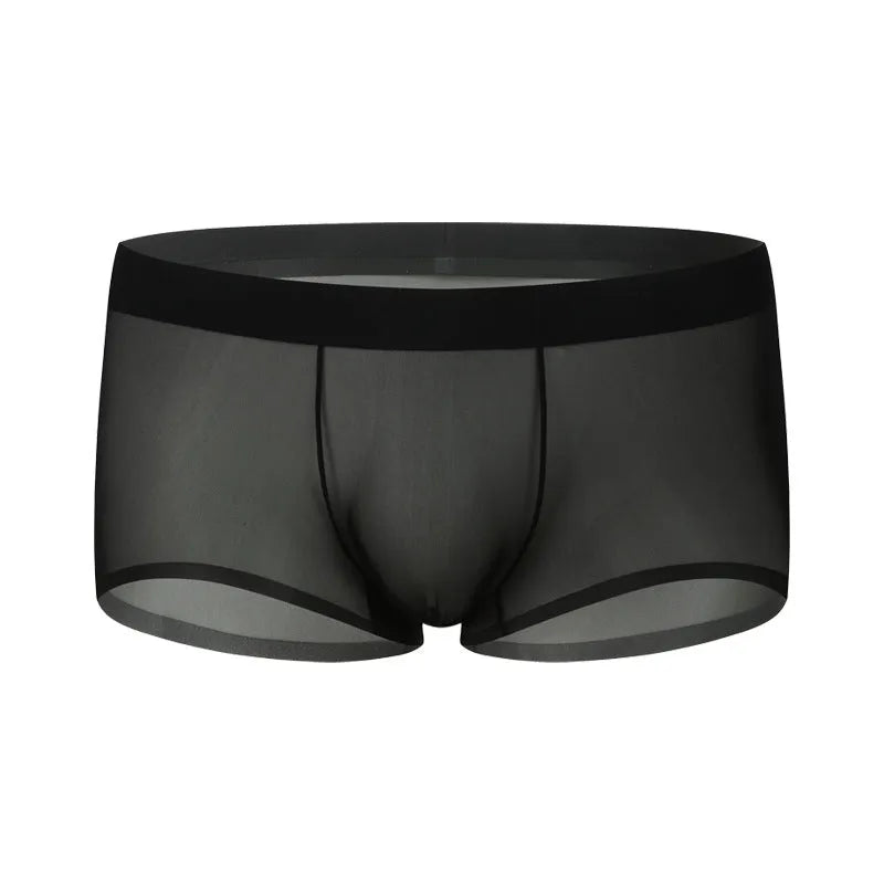 Men's ice silk seamless boxers in black nylon knit with low-rise waist and no side seams