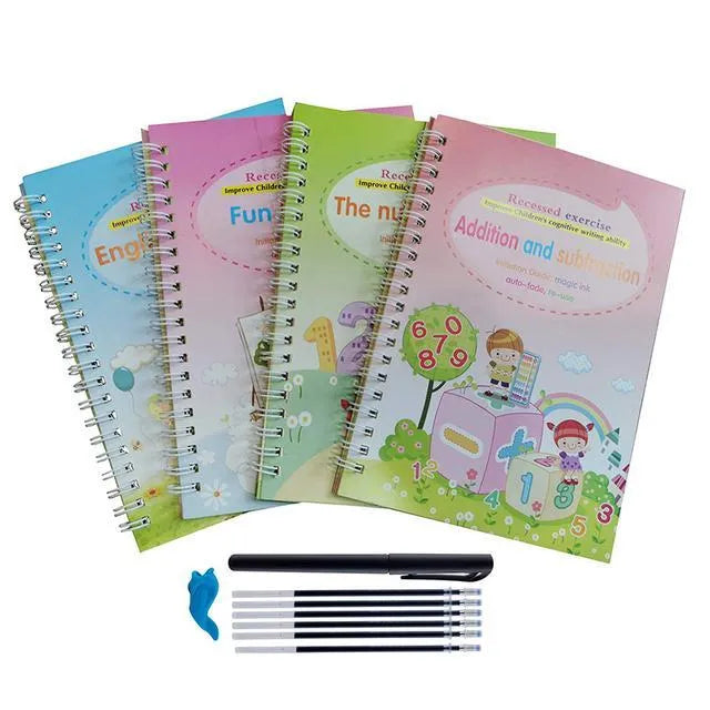 Magic calligraphy copybook set for children with stylus pen and refills, showing square slot design.