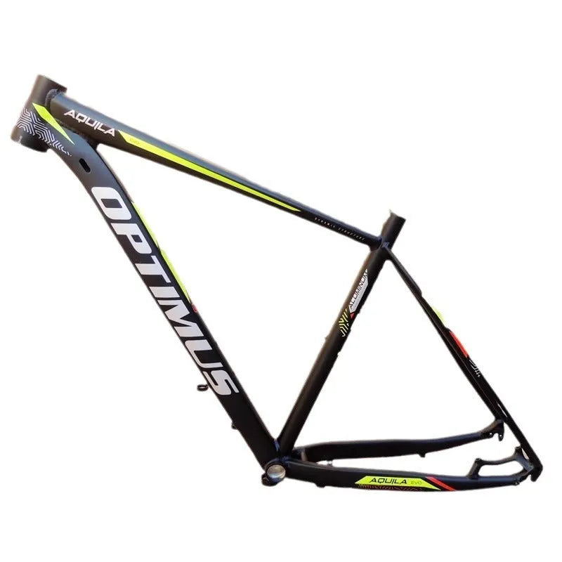 Black and green 29-inch aluminum mountain bike frame with internal cable routing and disc brake mounts