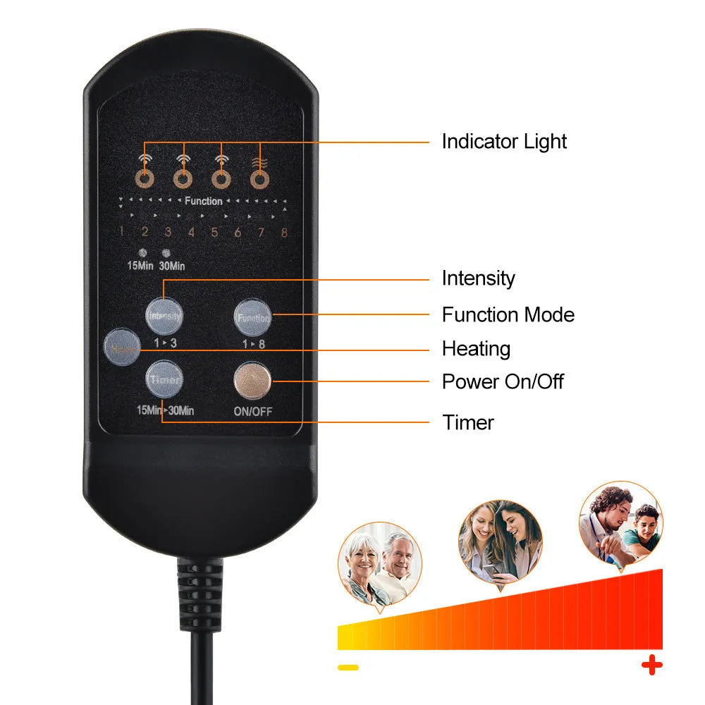 Black electric cervical massager with wireless remote on a table next to international power plugs.