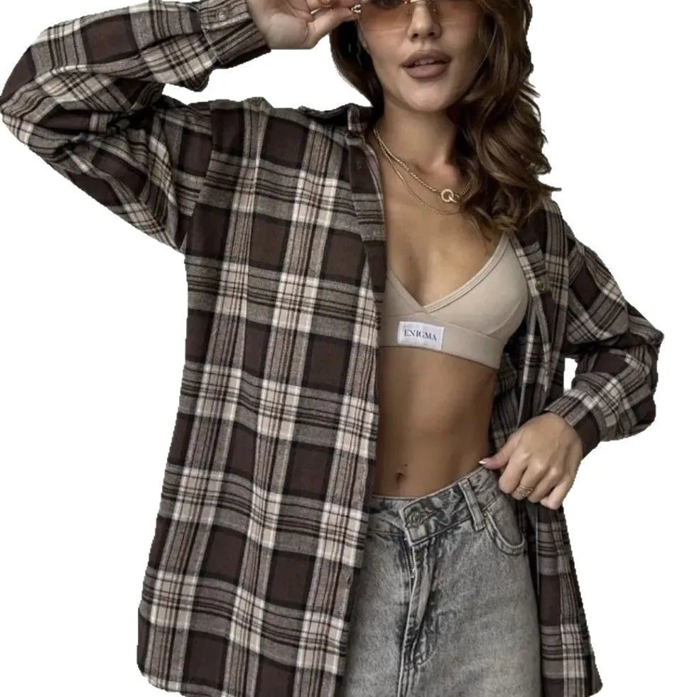Dark brown striped retro women's shirt with long sleeves and collar styling