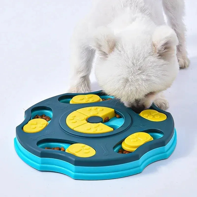 Blue dog puzzle feeder toy with interactive search-and-reward design for mental stimulation and slower eating.