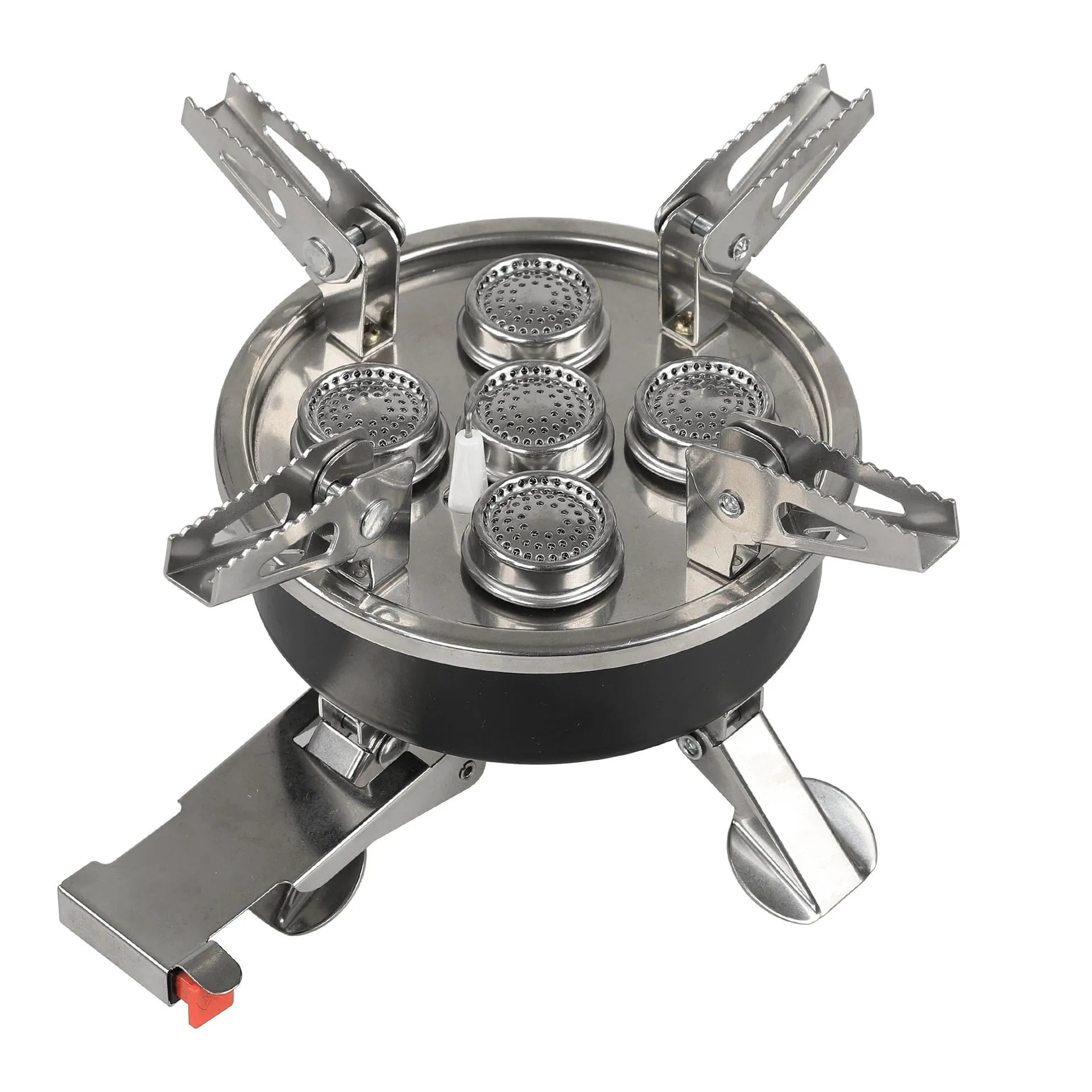 Silver portable split camping stove with stainless steel and copper construction, shown with 100cm hose.