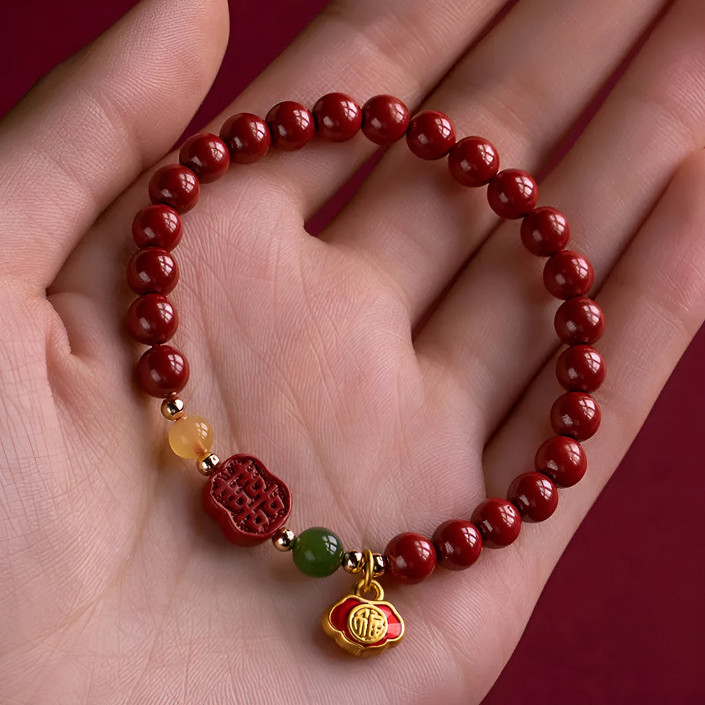 Chinese-style cinnabar bracelet with emperor sandstone beads and fu character design