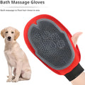 Red pet bathing glove with integrated brush surface for grooming and hair removal during pet washing