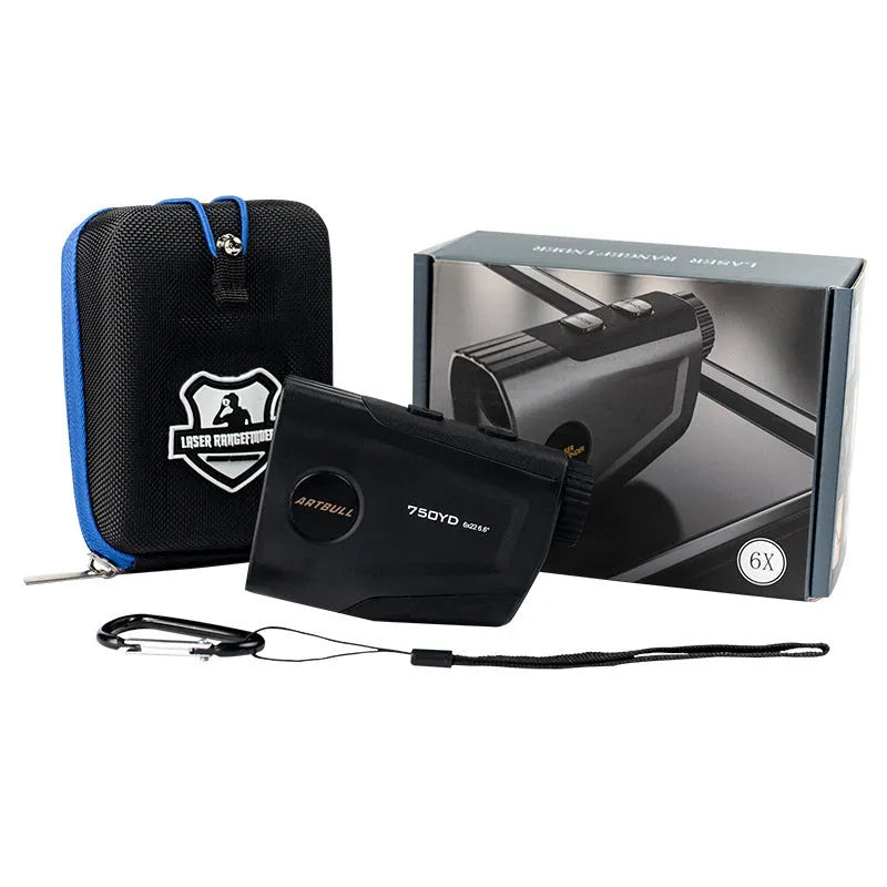 Golf laser rangefinder with 750 yard range showing flag lock and slope compensation functions