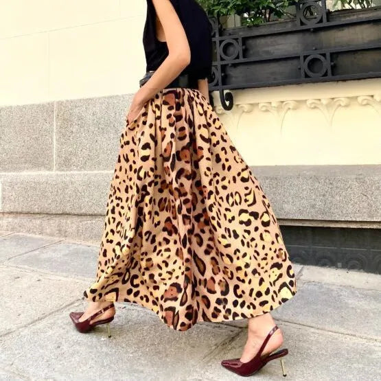Brown leopard print women's A-line skirt with long length and big hem detail