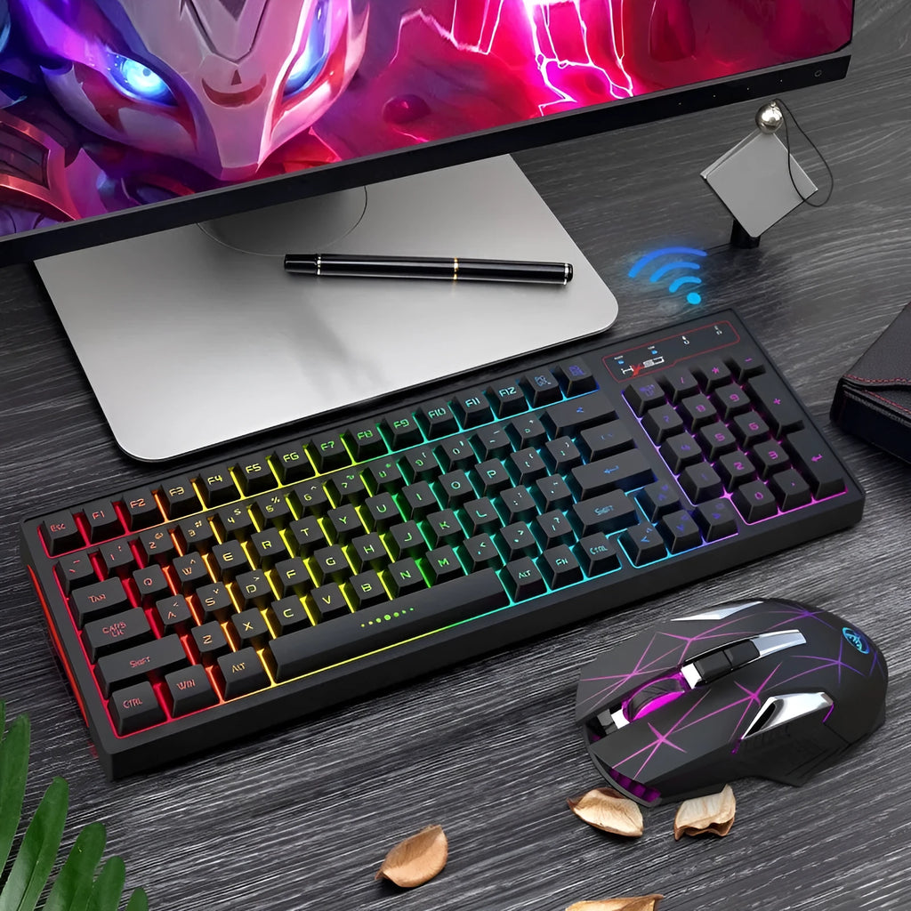 L99 wireless rechargeable 2.4G keyboard and mouse set with RGB glow, 96 ABS keys and Type-C charging cable