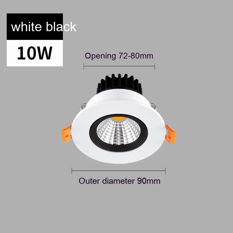 Black aluminium embedded LED ceiling spotlight with anti-glare design showing three colour temperature options