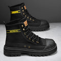 Thick-soled canvas men's casual motorcycle boots with round toe and lace-up fastening in black