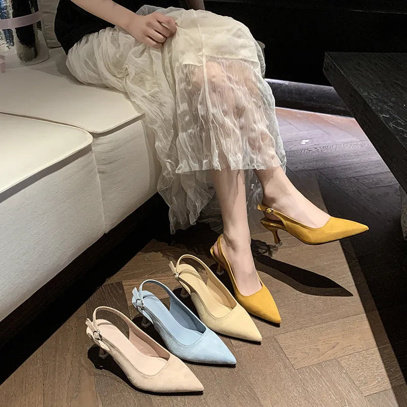 Suede pointed toe stiletto high heels in pink, blue, yellow, and apricot colours
