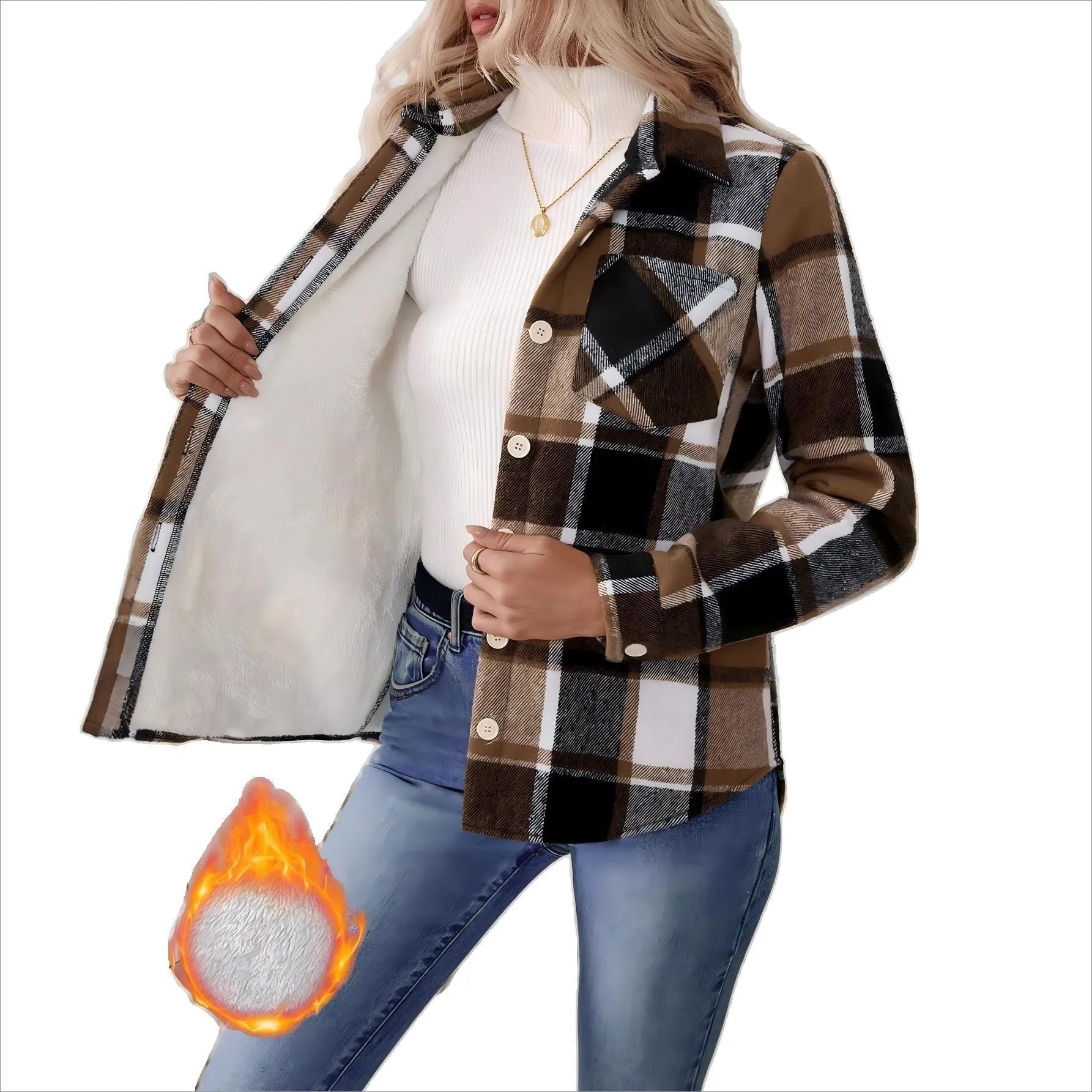 Woolen woven plaid button shirt collar jacket top in brown, front view, with pocket detail, polyester construction