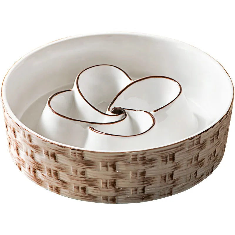 Blue ceramic slow feeder dog bowl with raised ridges for medium and large dogs on non-slip base