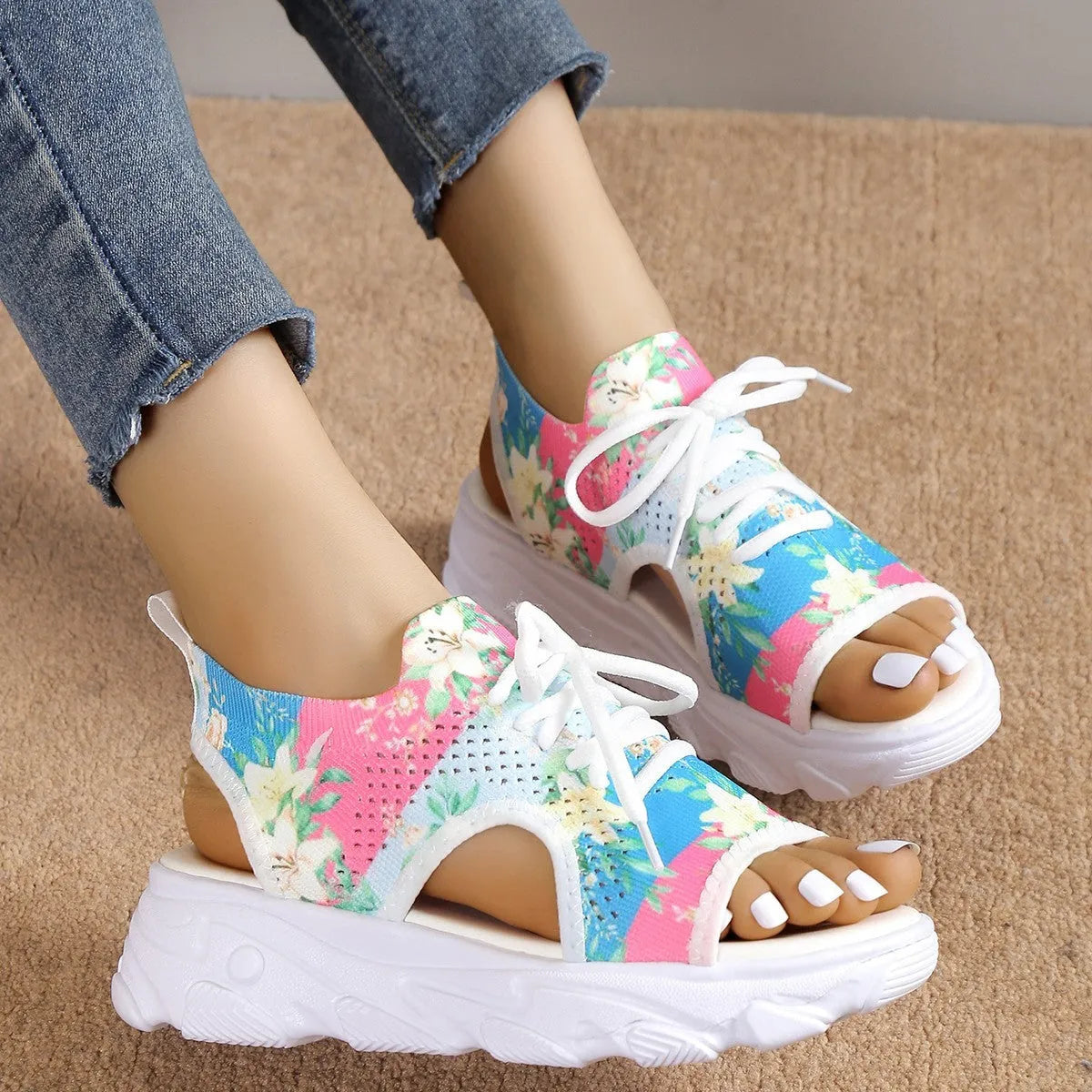 Print lace-up sports sandals with mesh upper, peep toe, hollow back, and rubber sole in summer casual style