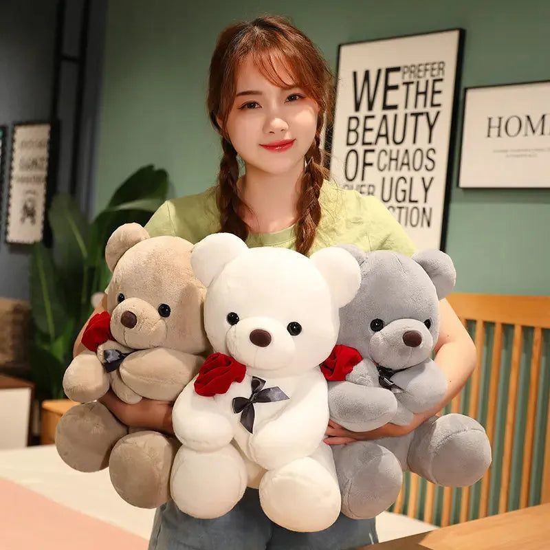Rose bear plush pillow stuffed animal doll in beige, brown or grey with clear cartoon printing