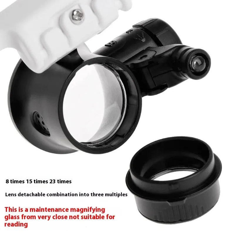 White head-mounted magnifying glass with 30x lens and built-in light, shown folded and unfolded.