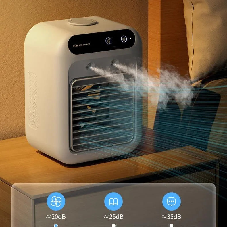 Ivory white portable air cooler with water cooling and atomization, USB powered, touchscreen control, 25W
