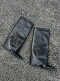 Children's pointed toe high heel boots in black with wedge heel and microfiber upper