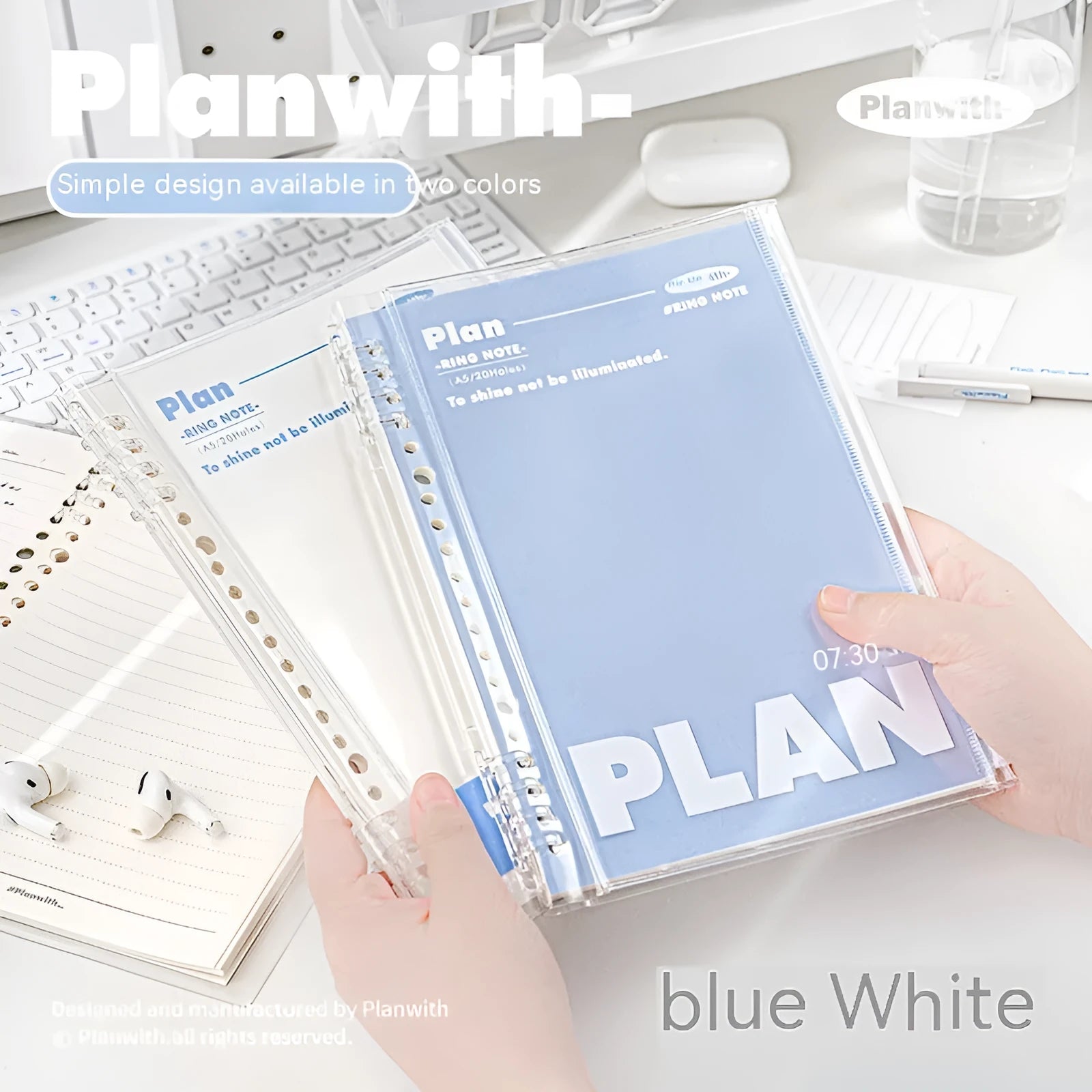 Transparent A5 PVC document canister with spiral notebook in white or blue, 148 × 210mm dimensions