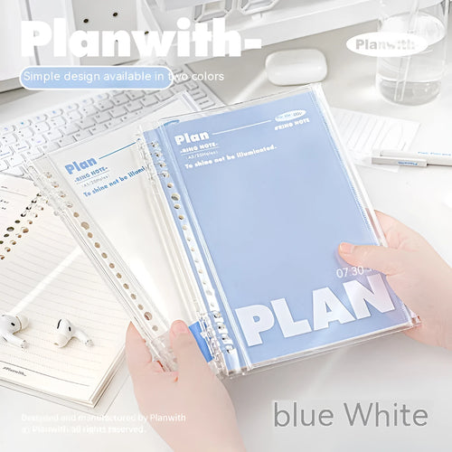 Transparent A5 PVC document canister with spiral notebook in white or blue, 148 × 210mm dimensions