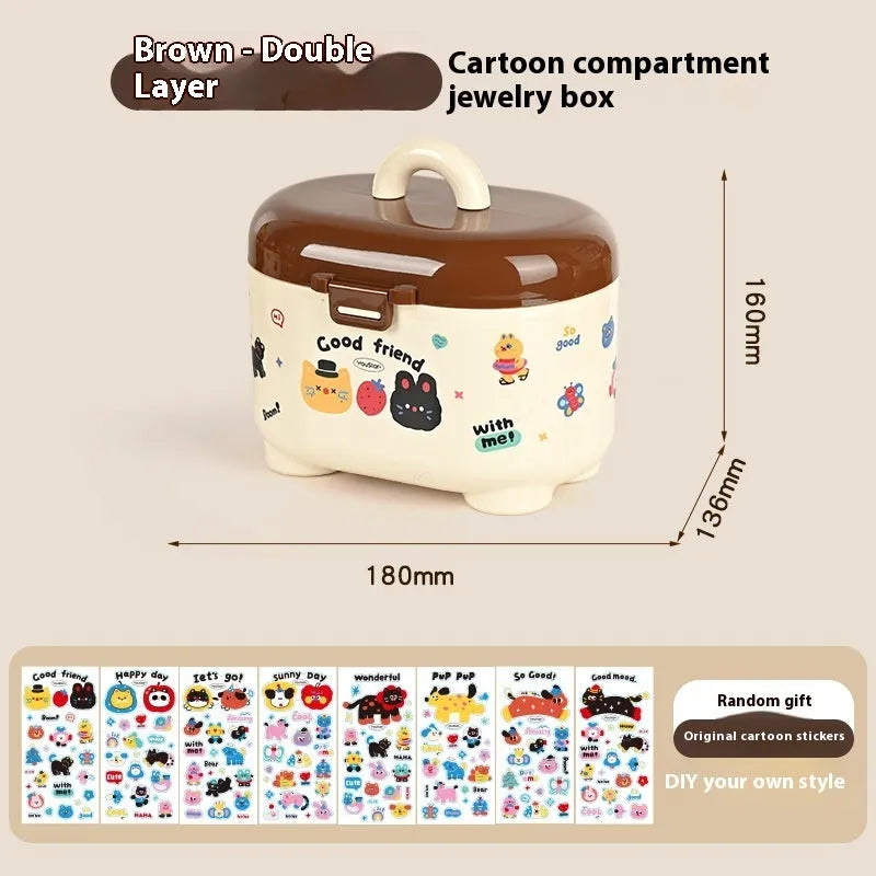 Cartoon-style red and brown plastic desktop storage box with grid compartments for organising pens and stationery.