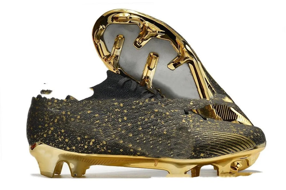 Men's knitted blue and white football shoes with FG studs and a lace-up front.