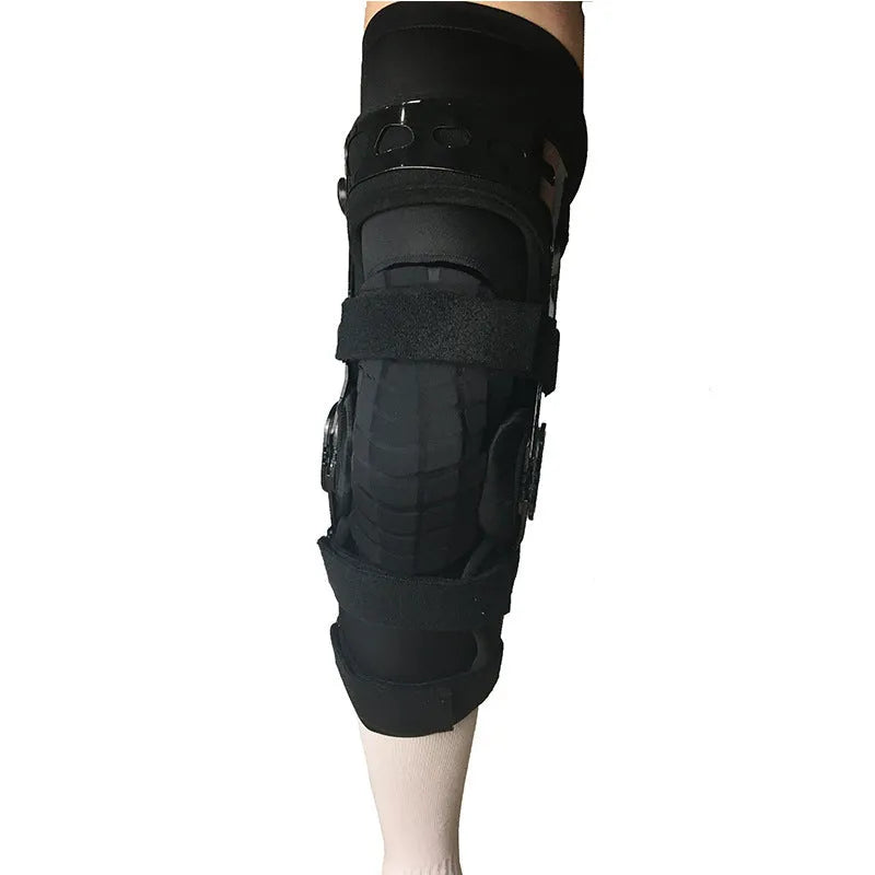 Black anterior ligament knee pad with iron-plastic skeleton construction shown in multiple sizes