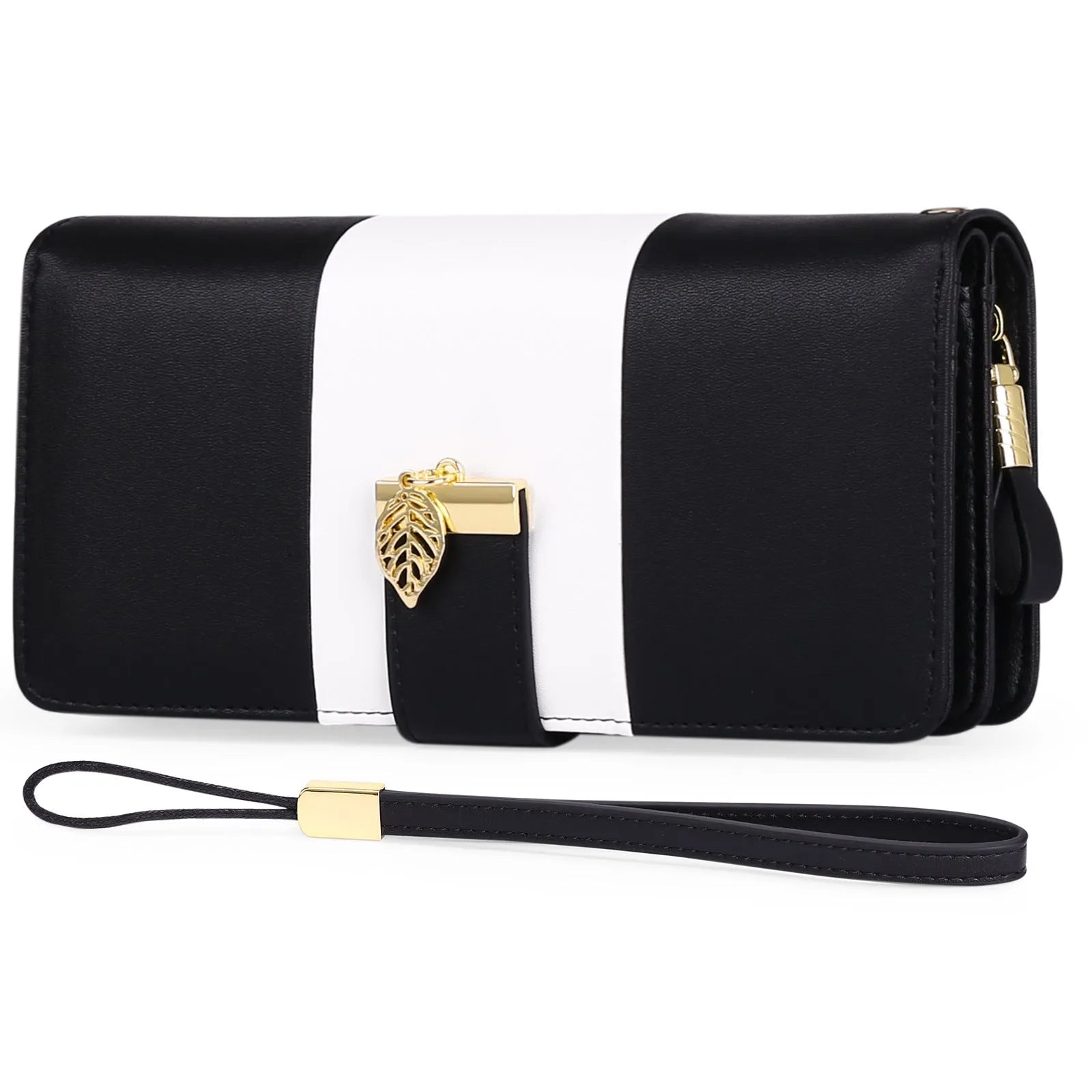 Anti theft clutch handbag with lock in midnight black PU leather showing interior organisation